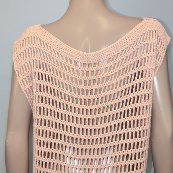 3/$20 Peach Crochet Shell Dress Beach Swim Cover Up Cap Sleeve Sheath Boat Neck - Picture 7 of 11